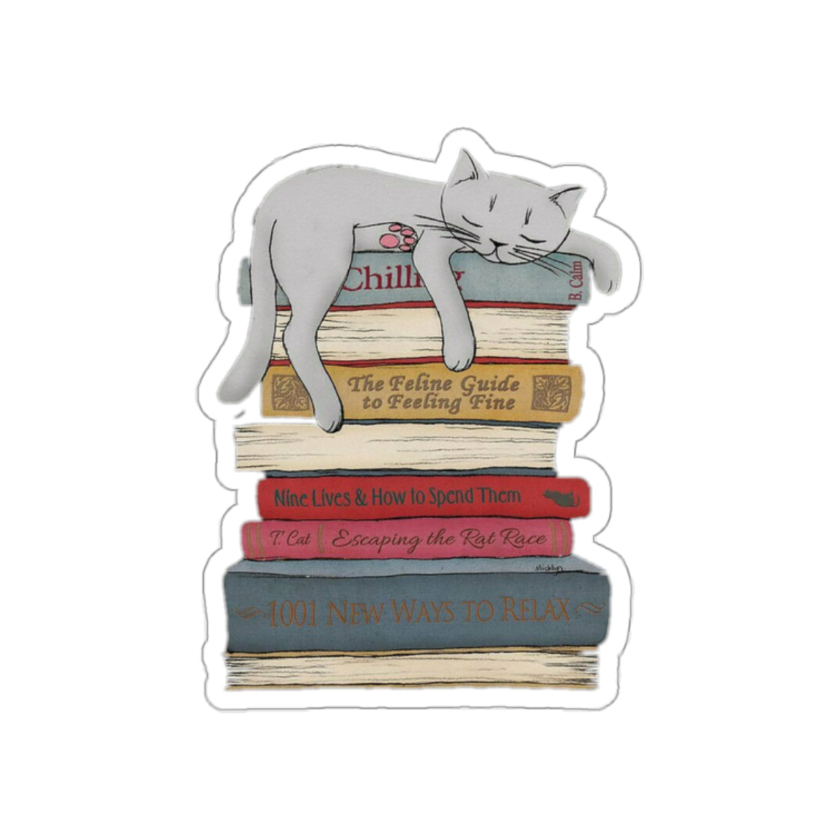 Cat Sleeping on Books Sticker - Adorable Book Lover Decal for Cat Owners