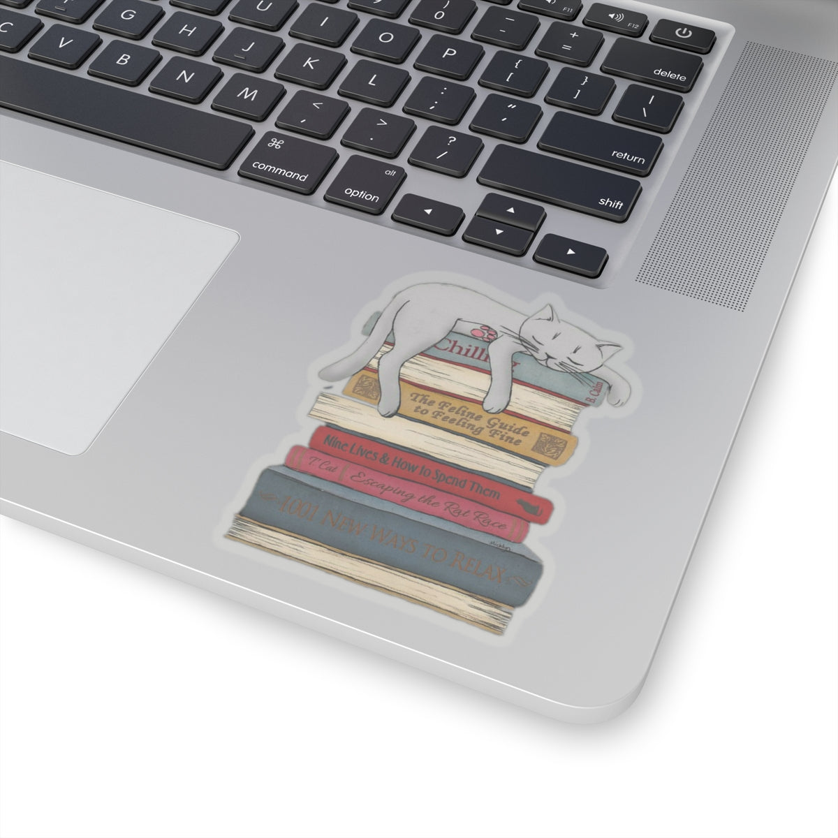 Cat Sleeping on Books Sticker - Adorable Book Lover Decal for Cat Owners