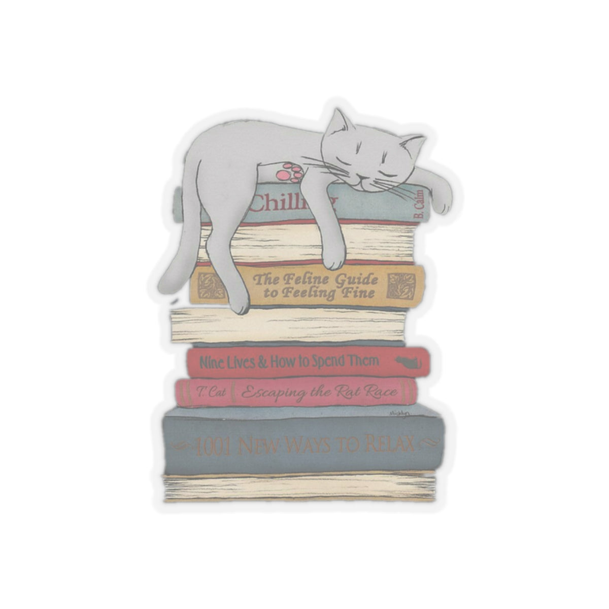 Cat Sleeping on Books Sticker - Adorable Book Lover Decal for Cat Owners