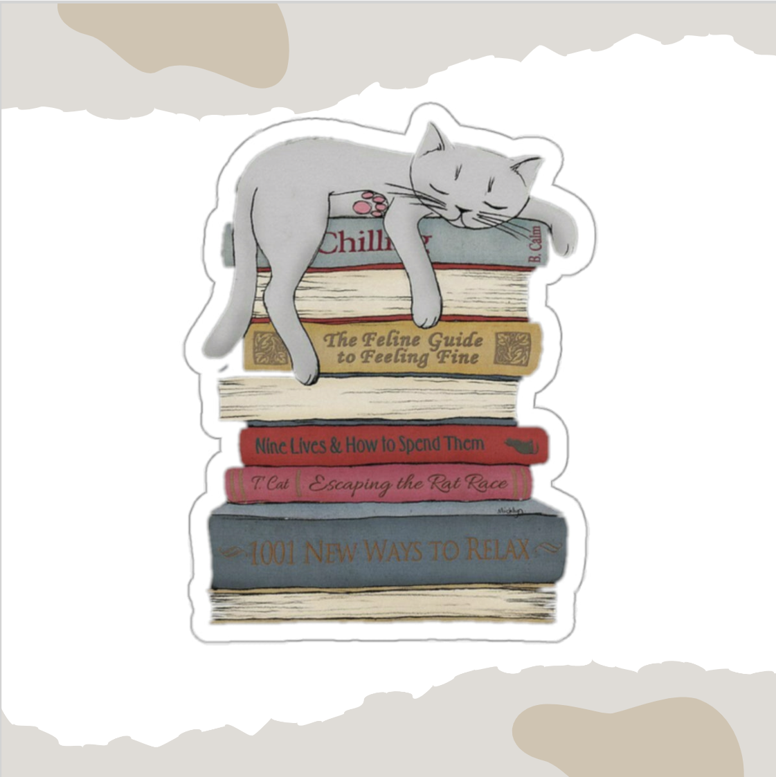 Cat Sleeping on Books Sticker - Adorable Book Lover Decal for Cat Owners